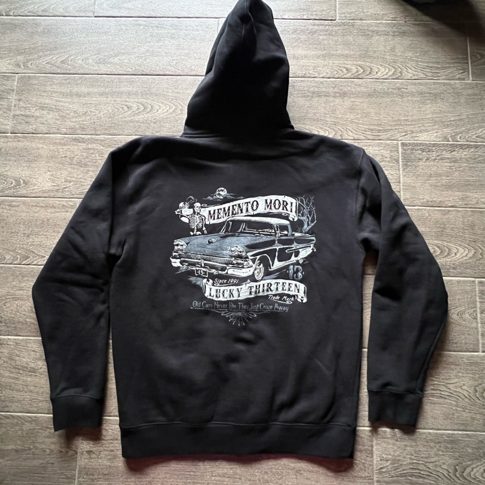 Lucky 13 Memento Mori Black Zip Hoodie Men’s Medium Hot Rod Skull Graphic Punk